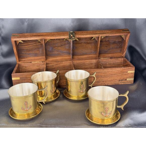 Captain’s Brass Anchor Cup & Saucer Set Nautical Gift in Wood Case Box - Picture 7 of 11